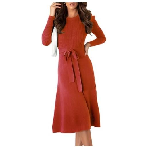 Abito Lungo Invernale Donna A Maniche Lunghe - Vestito Tubino Con Stampa Floreale Girocollo Vita Alta - Modello Casual Elegante Rosso Taglia M