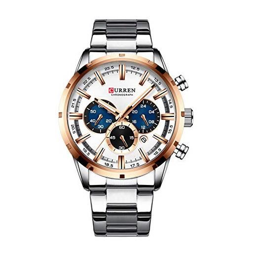 CURREN Orologio sportivo da uomo, al quarzo, cronografo, con lancette luminose, alla moda, in acciaio inox, datario (argento blu), Cronografo, movimento al quarzo