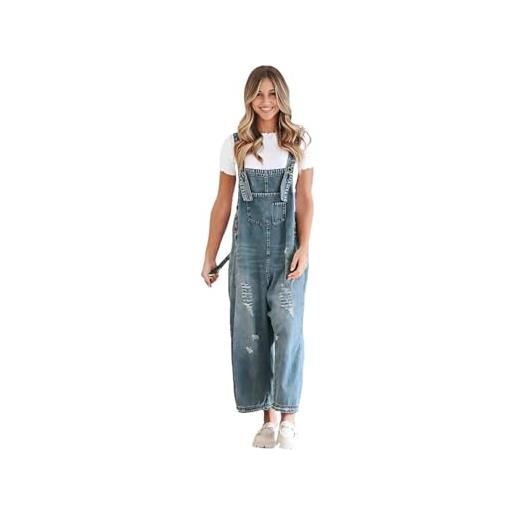 Generic tuta da donna in denim vintage monopezzo vestibilità larga fare vecchio cotone strappato larghi jeans pagliaccetti, blu scuro, xl