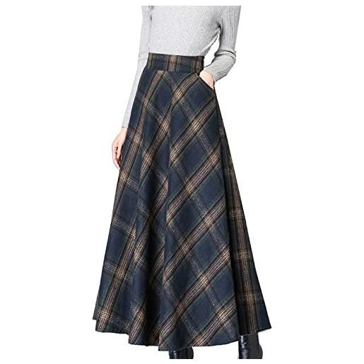 TEERFU gonne a quadri di lana con elastico a vita alta a-line pieghettato tartan inverno autunno gonne lunghe, blu, 40
