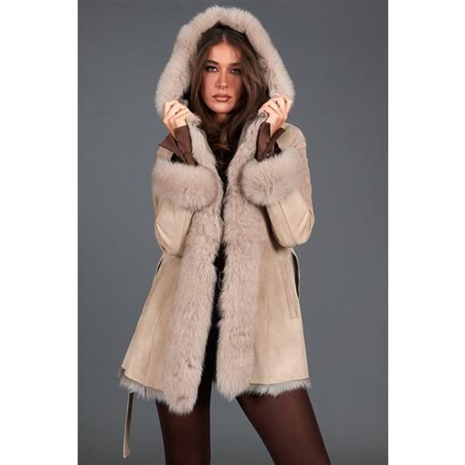 D'Arienzo cappottino in montone scamosciato beige con cappuccio in volpe D'Arienzo