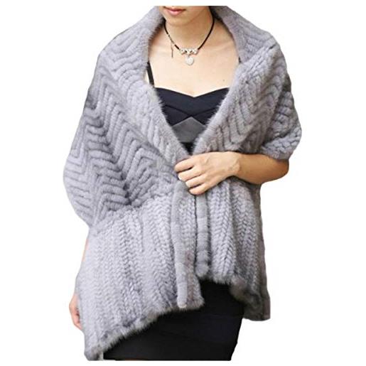KAISHIN pashmina in vera pelliccia di visone elegante per sciarpe grandi in pelliccia a righe da donna (grigio chiaro)