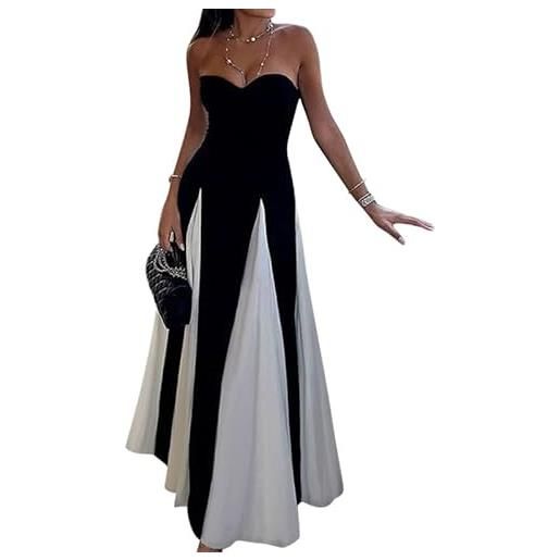 nicticsi abito lungo da donna classico colore di contrasto vestito elegante confortevole abiti da ballo alla moda vestiti alla orlo della gonna grande a nero01 xs