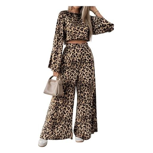 Suncadmious elegante stampa leopardata da donna sciolto confortevole manica lunga pantaloni a gamba larga due pezzi partito club sexy due pezzi partito vestito (stampa leopardata, m)