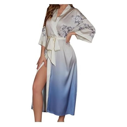 Generisch kimono in raso, nero, corto, kimono di lusso, in raso con motivo floreale, da donna, alla moda, maniche a 3/4, lungo, casual, accappatoio, biancheria da notte, azzurro, taglia unica