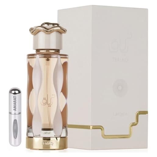 RESAES Resistant and aesthetic profumo teriaq originale 100 ml, profumo arabo unisex a lunga durata, edp importato da dubai, include atomizzatore ricaricabile 5 ml, fragranza dolce e floreale con note legnose (teriaq)