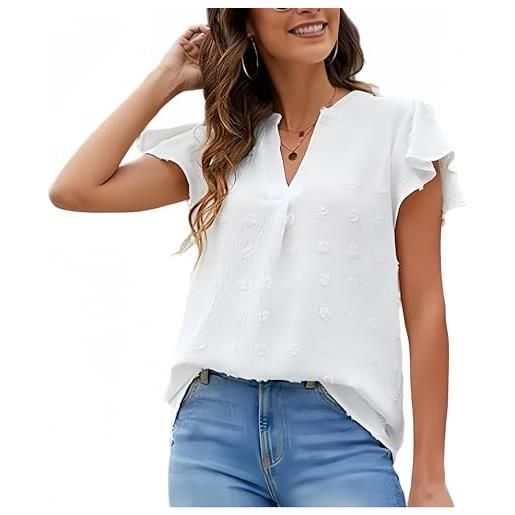 Satohom donna camicetta in chiffon a maniche corte con scollo a v casuale tops elegante maglietta a pois con volant allentata pullover estiva tinta unita manica corta base tee affari blusa