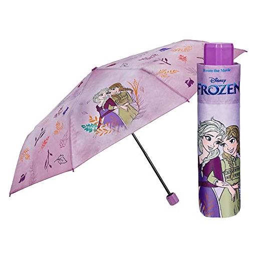 PERLETTI ombrello pieghevole bambina frozen - ombrellino piccolo bimba elsa anna - ombrello pioggia piccolo resistente antivento sicuro - portatile manuale disney - diametro 91 cm (lilla sfumato)