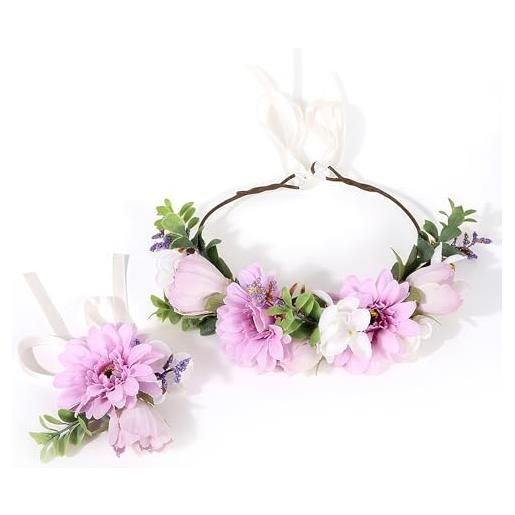 LIULINY 2 pezzi corona di fiori bianchi, corona di fiori con regolabile nastro, coroncina di floreale bambina con bracciale, fascia floreale da sposa, per matrimonio riprese cerimonia festa (viola)