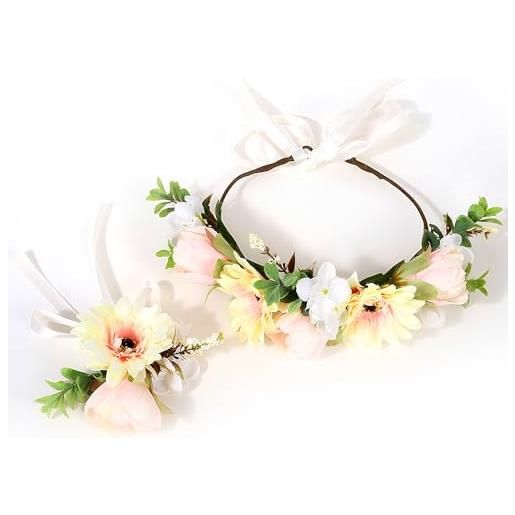 LIULINY 2 pezzi corona di fiori bianchi, corona di fiori con regolabile nastro, coroncina di floreale bambina con bracciale, fascia floreale da sposa, per matrimonio riprese cerimonia festa (giallo)