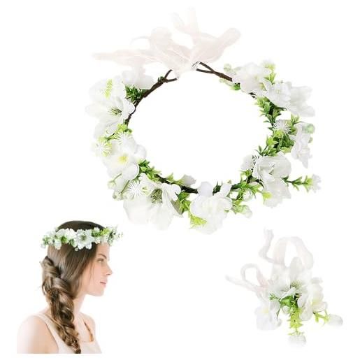 LIULINY 2 pezzi corona di fiori bianchi, corona di fiori con regolabile nastro, coroncina di floreale bambina con bracciale, fascia floreale da sposa, per matrimonio riprese cerimonia festa (bianco)