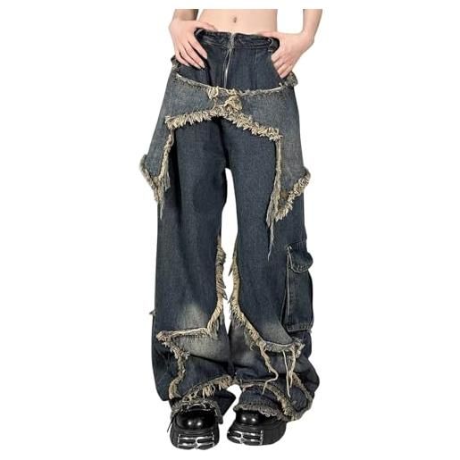 Jeans Donna Gamba Larga Con Risvolto - Vita Media, Denim Morbido, Stile Boyfriend, Pantaloni Larghi Con Tasche, Per Ogni Stagione