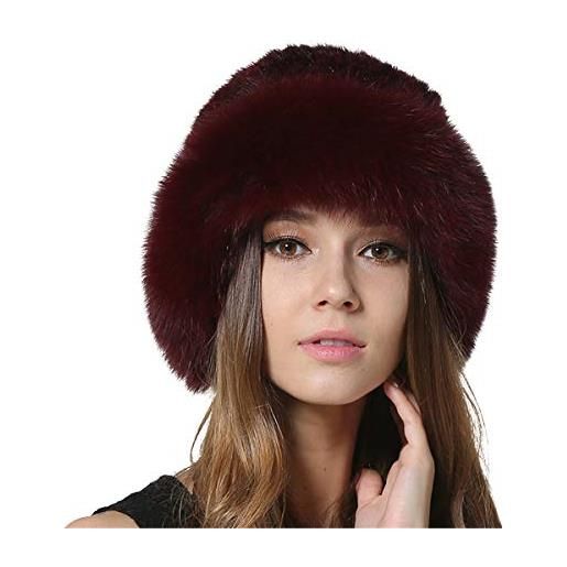 KAISHIN cappello da pescatore invernale in pelliccia di visone per donna cappelli fedora in vera pelliccia a maglia con bordo in di volpe (vino rosso)