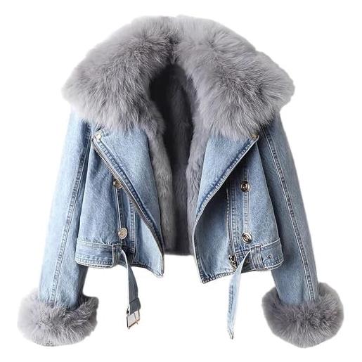 Generic donne giacca di denim sherpa pile foderato giacca di denim corta pelliccia sintetica raccolto parka shacket addensare shaggy inverno outwear (azzurro, s)