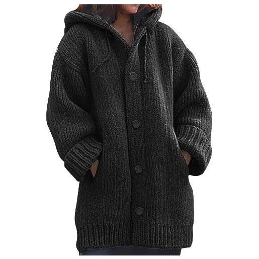 WinvOx cardigan da donna oversize, cappotto di lana da donna, lungo, caldo, a maglia lunga, con bottoni, con cappuccio, spesso, caldo, invernale, taglie forti, giacca trapuntata spessa, nero , l