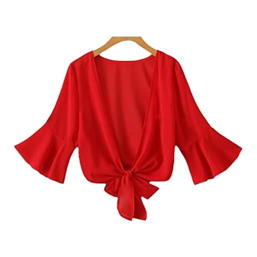 SaoBiiu estate donne chiffon scollo a v cravatta camicia in vita nero con volant manica top pizzo beach cover up camicetta, 1, m