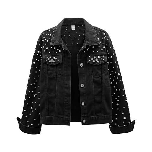 Saklifuo giacca da donna in denim con perle e strass, effetto sdrucito, lavato, con bottoni, nero , s