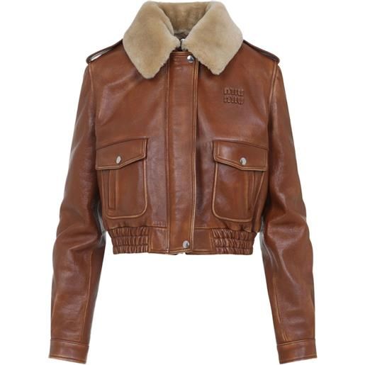Miu Miu giacca in pelle con collo in shearling - marrone