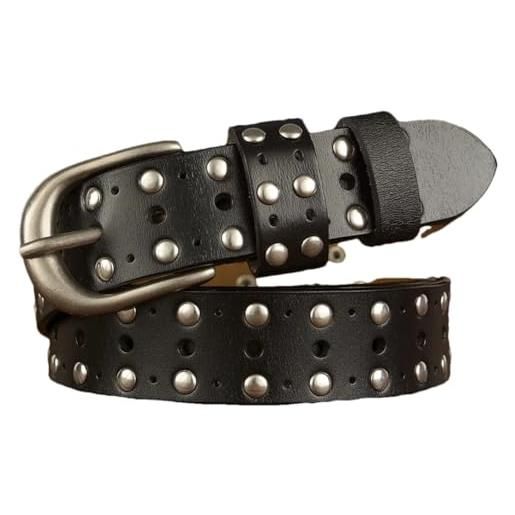 Niiyyjj cinture da uomo in vera pelle traforata stile western, stile punk, con borchie e rivetti, nero , 110 cm