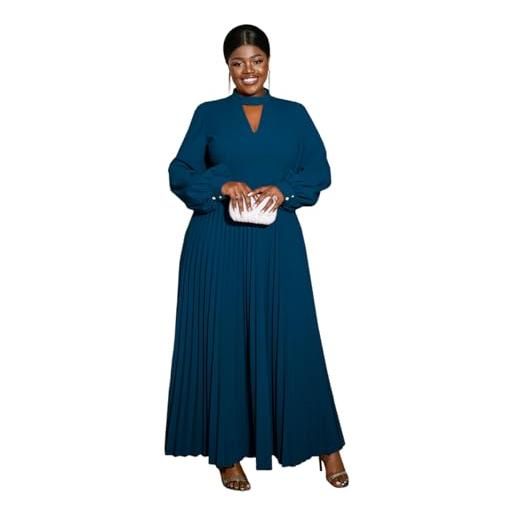 ONTINVA abito da donna a collo alto, plissettato, vintage, da cocktail, formale, con maniche a lanterna, per feste e serate, blu, xl