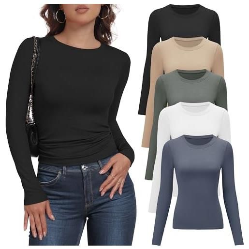 YOIOWVY pack da 5 maglie termiche donna manica lunga con collo alto, t-shirt base stratificabili slim morbide e traspiranti, canotta lunga termica da lavoro per donna, sottovesti