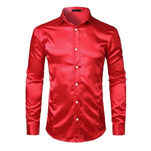 Suwequest camicia casual maschile da uomo in raso di seta da uomo con smoking da sposa, rosso, l