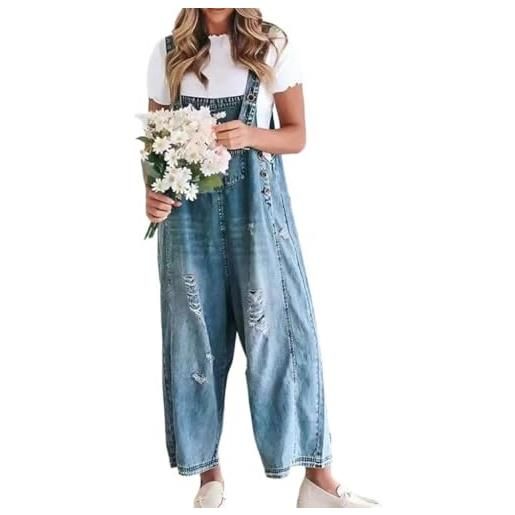 shownicer salopette donna jeans retrò stretch denim tuta senza maniche overall casual tinta unita playsuit romper con tasche a blu m