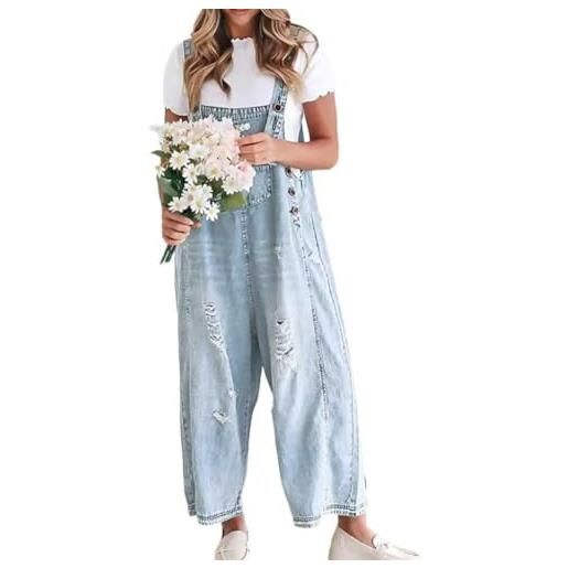 shownicer salopette donna jeans retrò stretch denim tuta senza maniche overall casual tinta unita playsuit romper con tasche a blu m