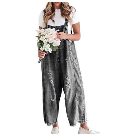 shownicer salopette donna jeans retrò stretch denim tuta senza maniche overall casual tinta unita playsuit romper con tasche a grigio xxl