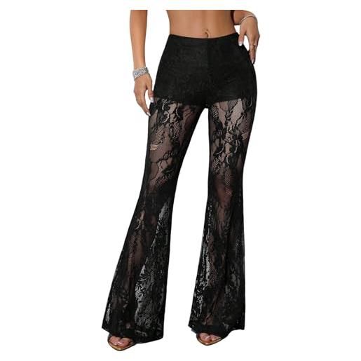 GORGLITTER pantaloni da donna a vita alta trasparenti con pizzo pantaloni eleganti con pizzo vita elastica con coulisse pantaloni lunghi pantaloni da festa pantaloni a vita bassa, nero , m