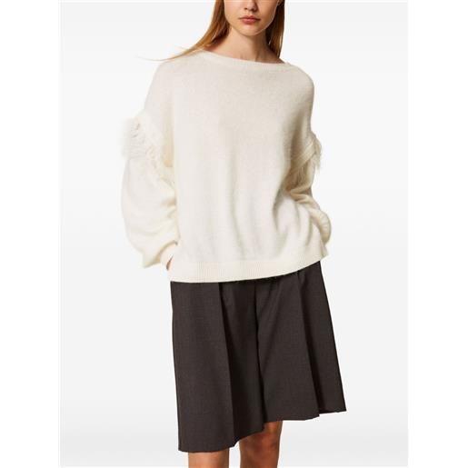 TWINSET maglione con bordo di piume - bianco