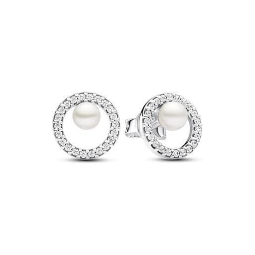 PANDORA timeless orecchini a bottone in argento sterling con perla coltivata d'acqua dolce trattata bianca e zirconia cubica trasparente, orecchini a bottone