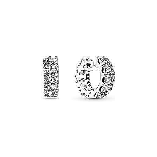 PANDORA timeless orecchini a cerchio con doppia fascia con pavé in argento sterling con zirconi cubici trasparenti, cerchi a doppia fila