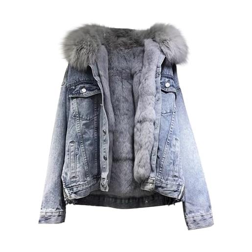 Generic donne giacca di denim shaggy sherpa pile foderato giacche angosciate spesso caldo giacca di jeans cappotto con cappuccio di pelliccia sintetica (blu, s)