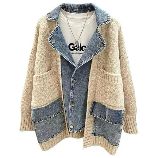 Suncadmious donna primavera moda giunzione maglia cardigan chiusura bottone giacca di denim casual con tasche giacca a maniche lunghe stile college (albicocca, m)