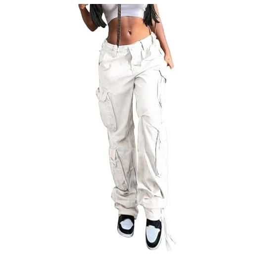 Generic pantaloni casual da donna da lavoro, multitasche, stile cargo, casual, a vita alta, bianco, s