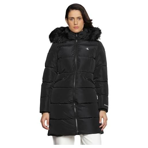 Calvin Klein jeans cappotto donna faux fur hooded fitted long invernale, nero (ck black), xxl