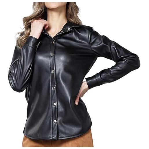 TOSHIKII camicia da donna con bottoni in ecopelle camicetta con risvolto in pelle pu alla moda camicetta in pelle a maniche lunghe
