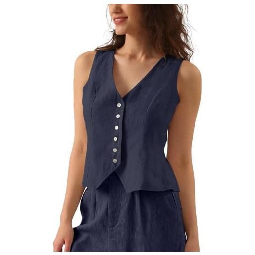 Amazhiyu gilet da donna in lino, senza maniche, con scollo a v, corto, con bottoni, vestibilità aderente, cinghie regolabili, blu, m