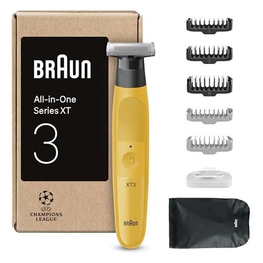 Braun series xt3, rasoio elettrico barba tutto-in-uno, +7 strumenti di styling, regolabarba uomo Braun, lama affilata 4d flex, regola, rade e rifinisce, viso, xt3205, giallo