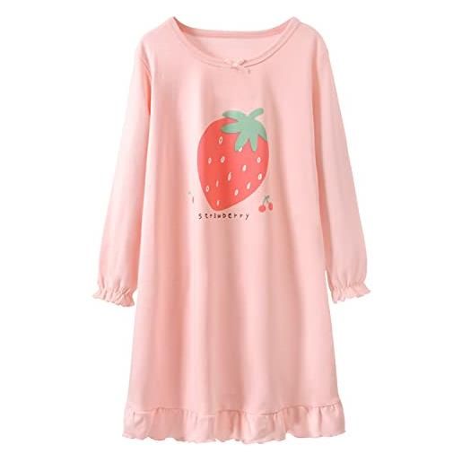 ANIMQUE ragazze camicia da notte cotone manica lunga pigiama abito bambini fragola carina camicia da notte girocollo famiglia camicia da notte 2-16 anni, grande fragola rosa chiaro 110