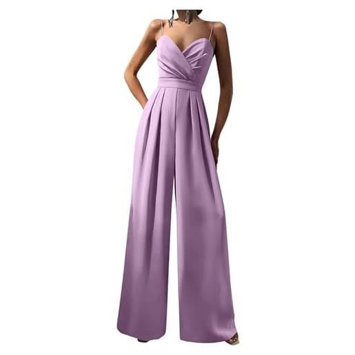 nicticsi jumpsuit da donna sexy scollo a v overalls con pieghe senza manica overall tinta unita elegante monopezzi estiva tuta intera cocktail jumpsuits a gamba larga a viola xs