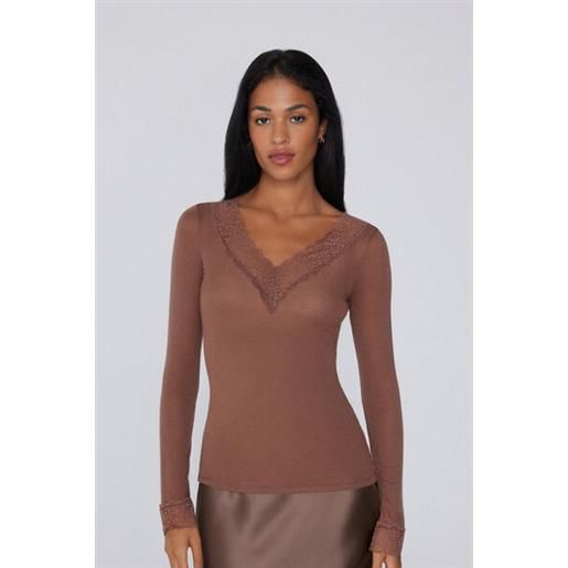 Tezenis maglia maniche lunghe scollo v pizzo/lana merino donna marrone