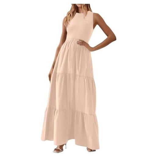 PAIDAXING abito estivo da donna, senza maniche, con volant, casual, girocollo, da spiaggia, prendisole da donna, a vita alta, tinta unita, per vacanze, rosa, s