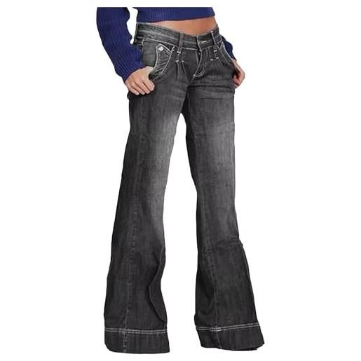 RegaliaKun jeans a zampa da donna boyfriend, a vita bassa, gamba dritta, larghi, alla moda, neri, taglia m