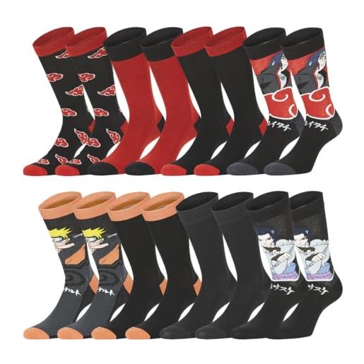 FREEGUN naruto shippuden - calzino da uomo sasuke, itachi e naruto (confezione da 8), nero , 39-42