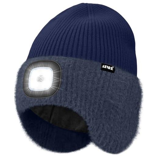 ATNKE led illuminato berretto cappello con paraorecchie, usb ricaricabile 4 led corsa cappello lampada invernale calda pile foderato lavorato beanie regali per uomo e donna/dark army green