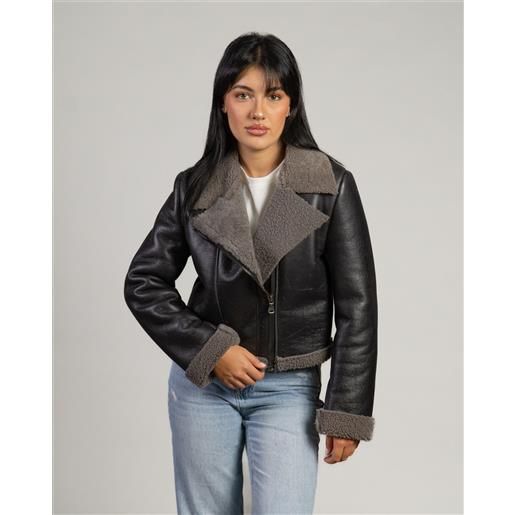 Leather Trend chiodino - chiodo donna corto grigio vero montone shearling