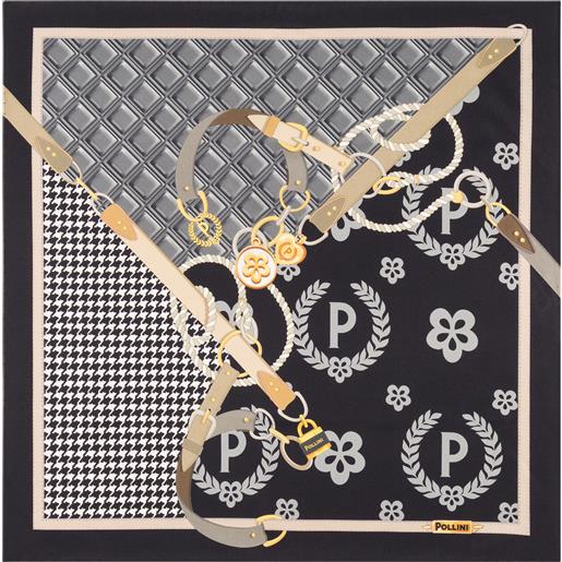 POLLINI foulard in seta con stampa macro logo e cinghie - nero