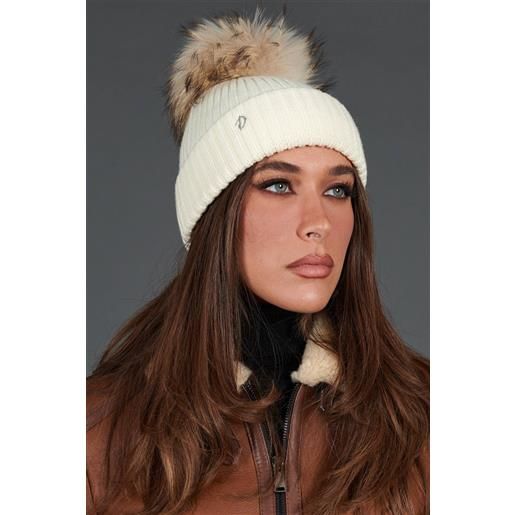 D'Arienzo cappello in lana panna con pompon in pelliccia beige nero D'Arienzo